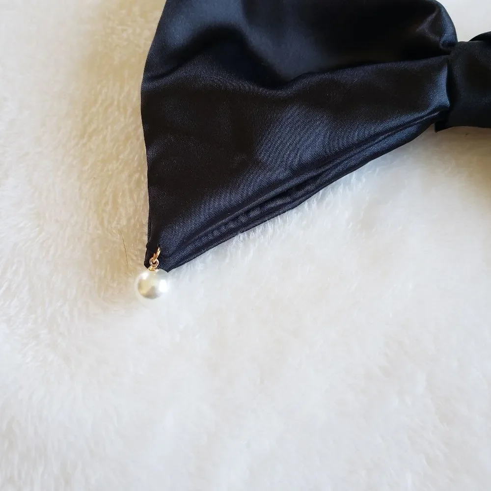 Black Satin Pearl Hair Bow